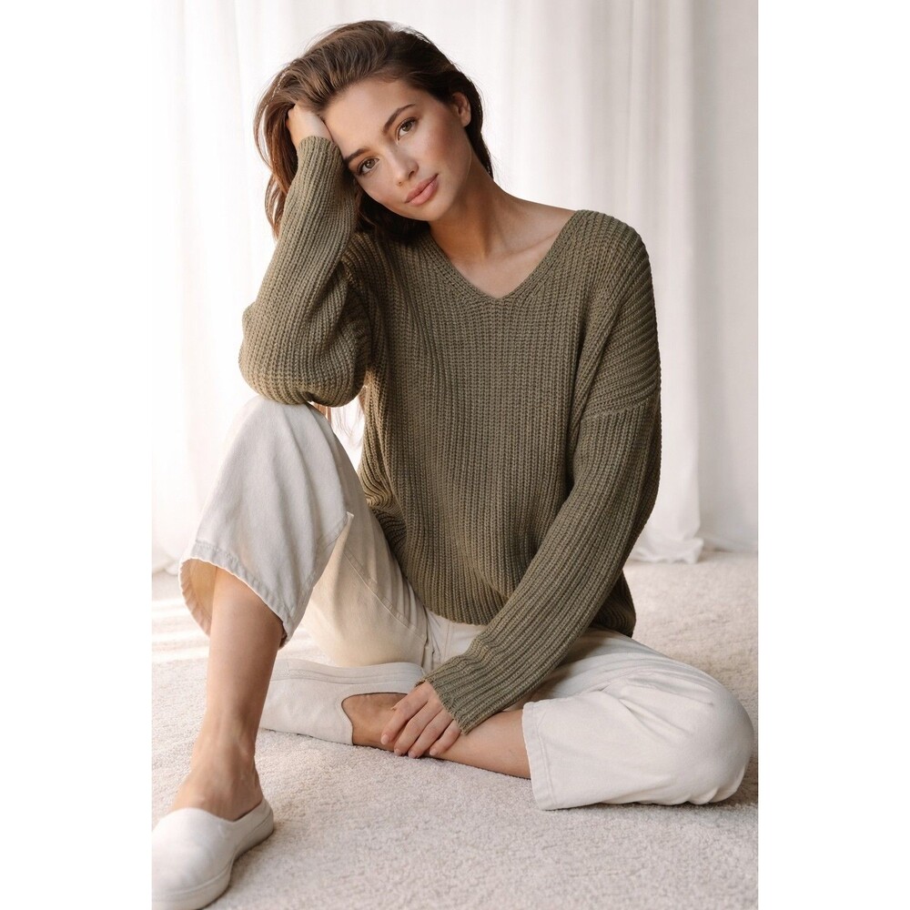 Jenni Kayne Olive Green Cotton V-Neck Fisherman Knit Sweater